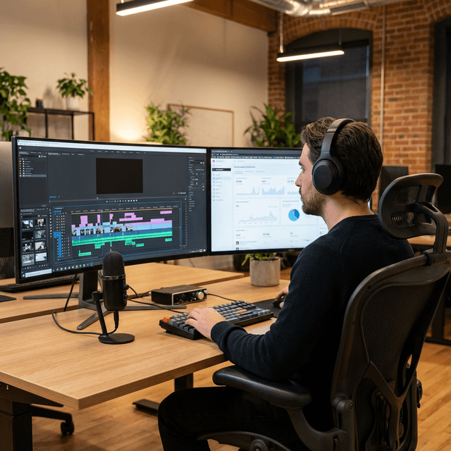 Video editor at dual-monitor workstation